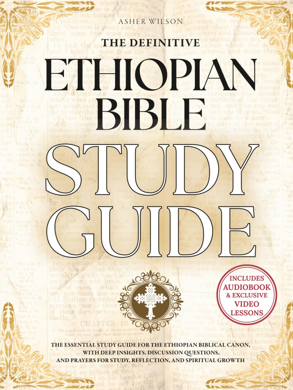 Book cover of 'The Definitive Ethiopian Bible Study Guide' with decorative elements.
